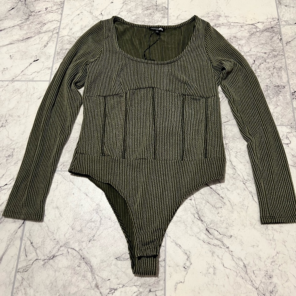 Fashion Nova Olive Striped Bodysuit